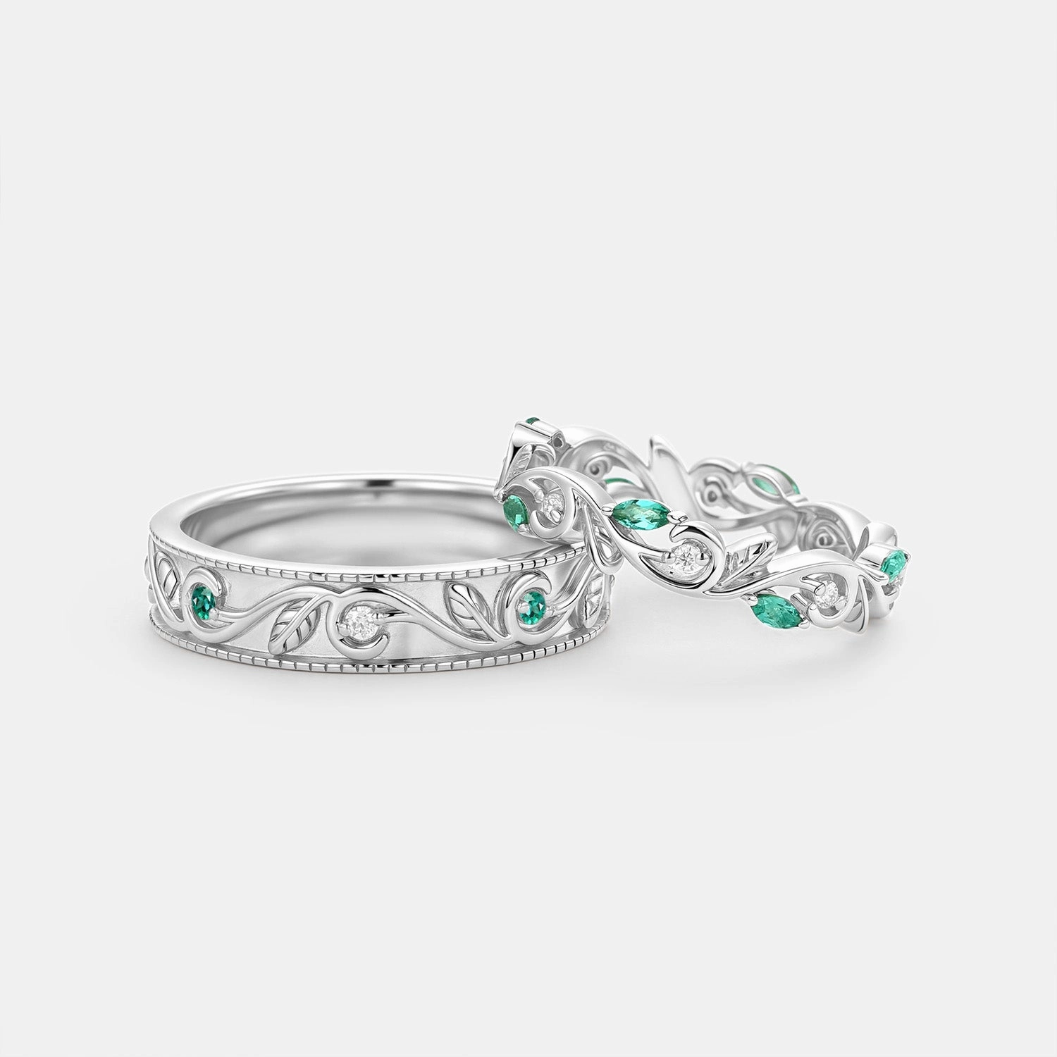 Leafy Moissanite & Lab Emerald Couple Ring Set 2pcs - Lila Creative Spark Traditional Gift