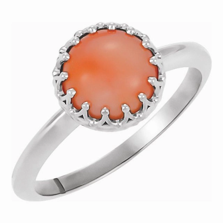 Classic Look Platinum 5 mm Natural Pink Coral Crown Cabochon Ring