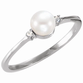 Non Stretch Model Present Platinum Cultured White Freshwater Pearl & .025 CTW Natural Diamond Ring