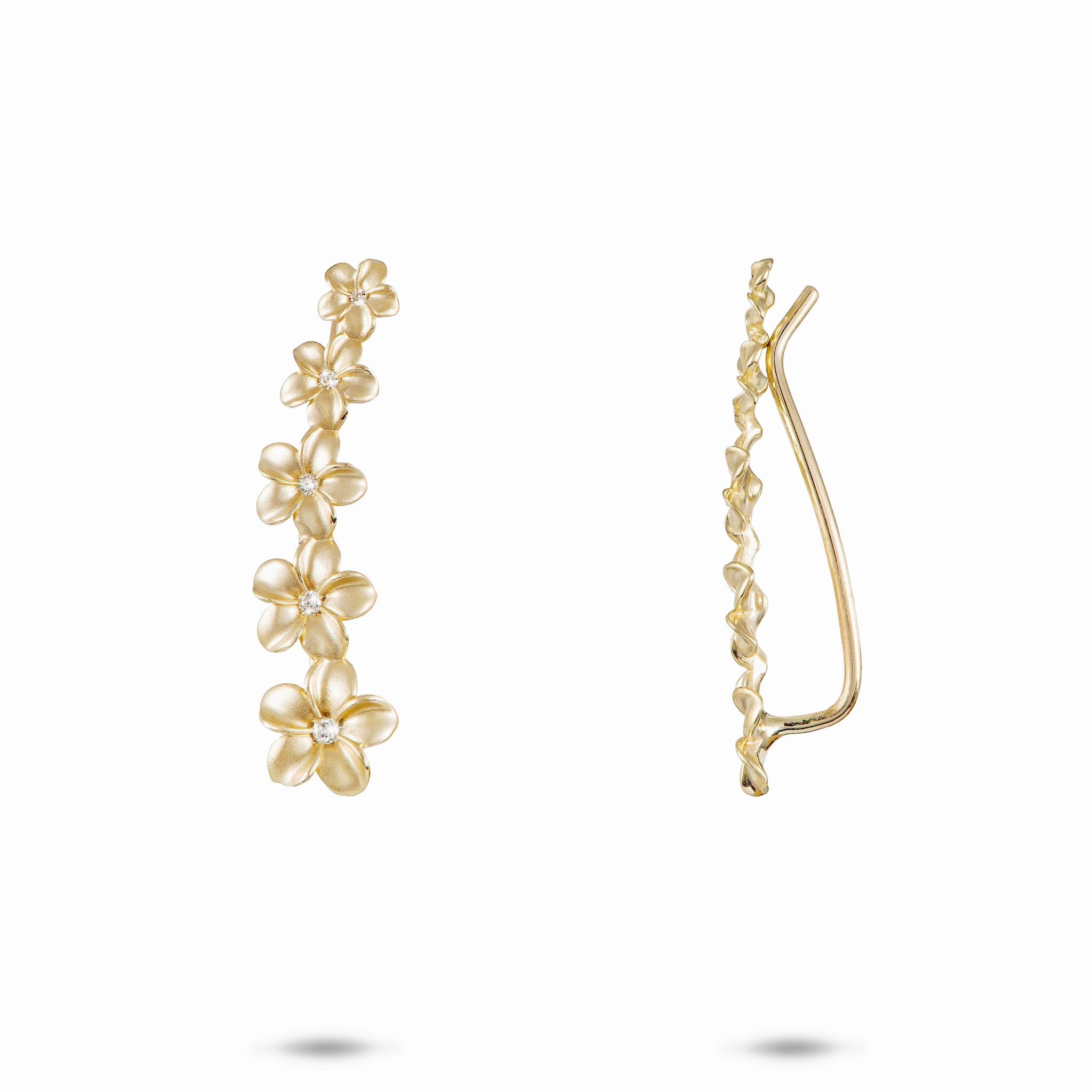 Classic Duo Radiant Surface Plumeria Climber Earrings in Gold with Diamonds - 26mm