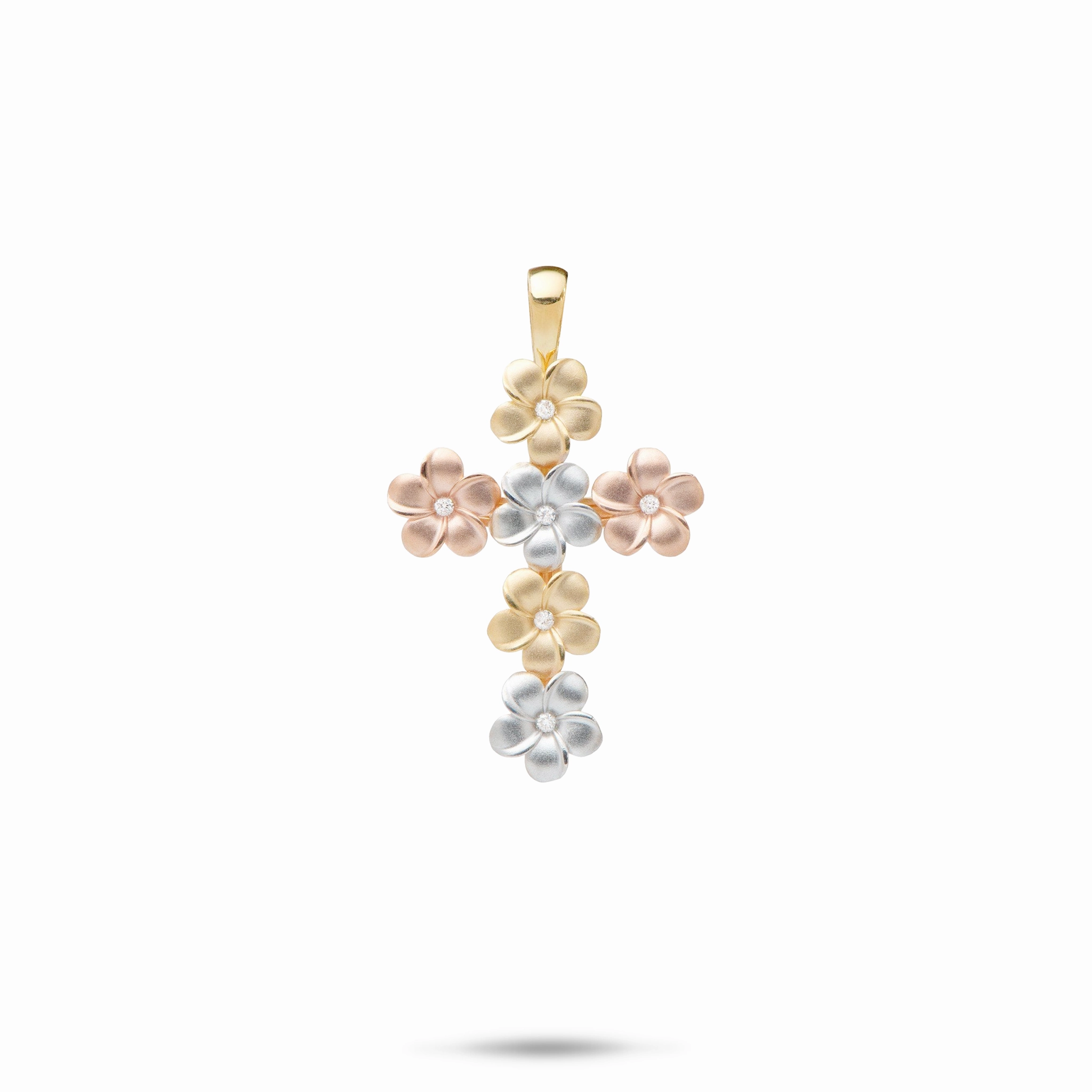 Handcrafted Art Gift Fit Plumeria Cross Pendant with Diamonds in Tri Color Gold - 25mm