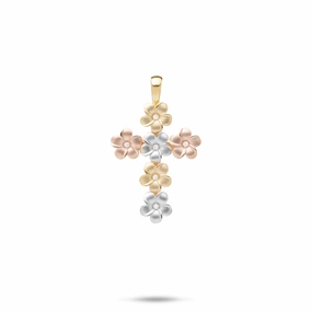 Elegant Beauty Plumeria Cross Pendant with Diamonds in Tri Color Gold - 25mm