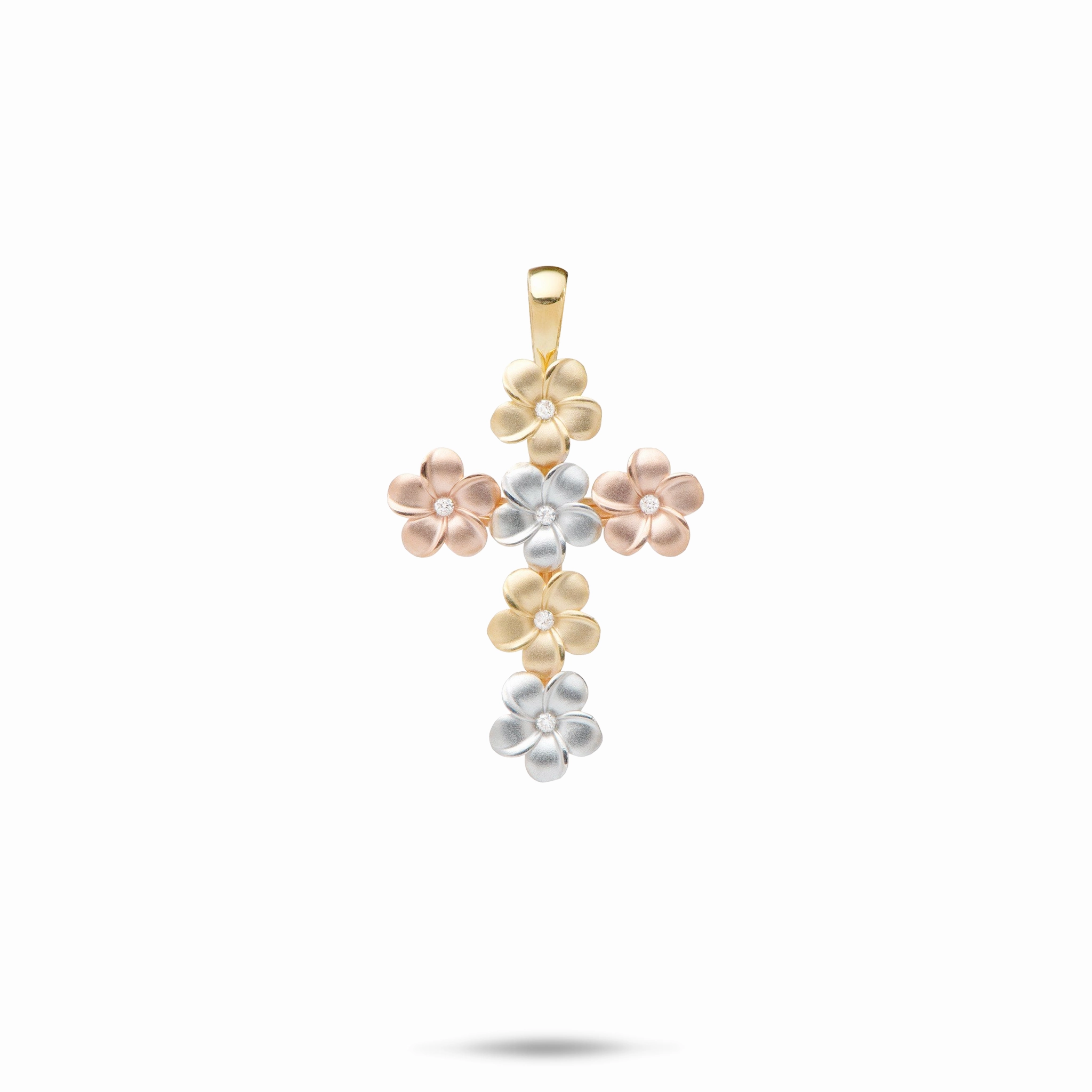 Elegant Beauty Plumeria Cross Pendant with Diamonds in Tri Color Gold - 25mm