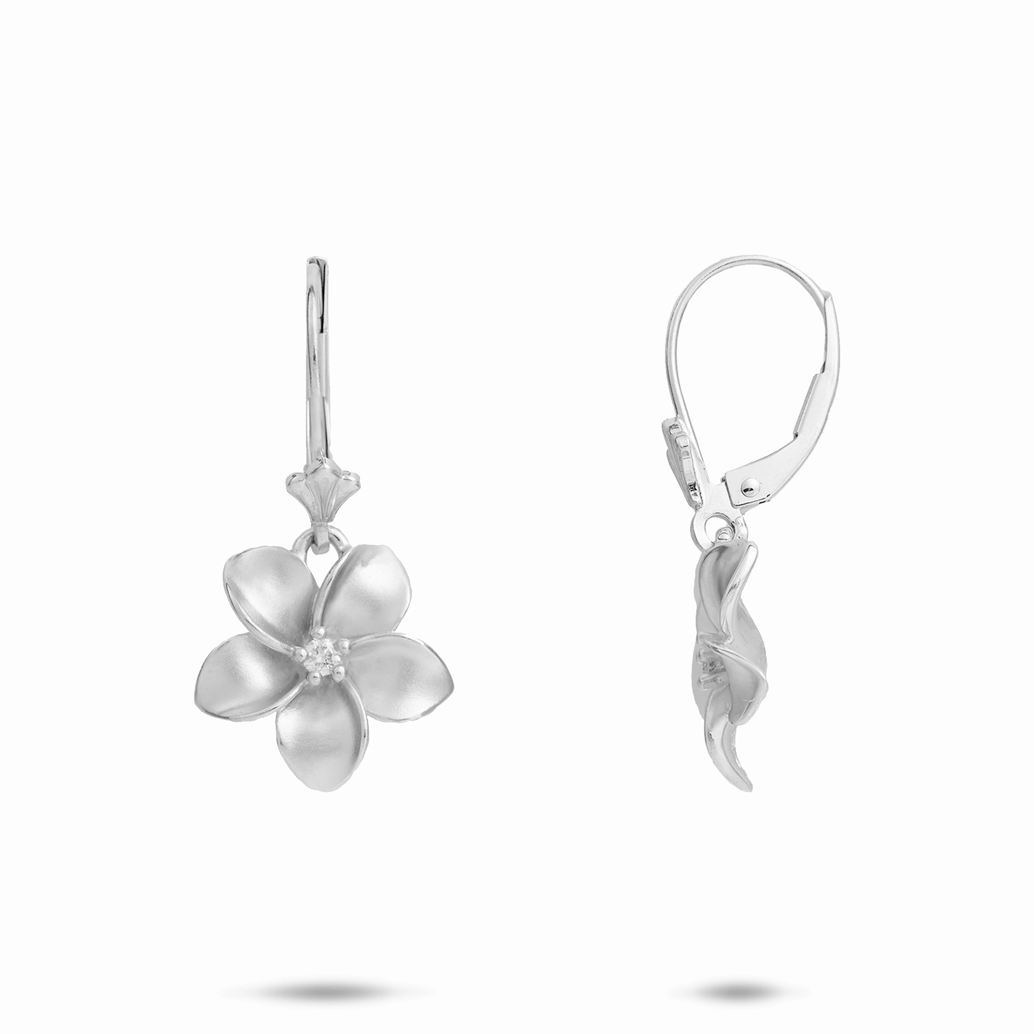 Plumeria Earrings in White Gold with Diamonds - 13mm Glamorous Finish Soft Accent