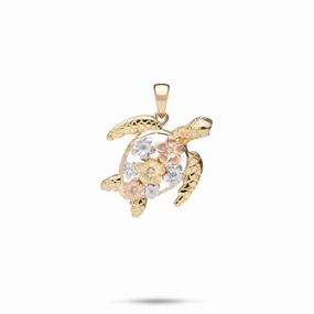 Chic Accessory Charming Stones Plumeria Honu (Turtle) Pendant in Tri Color Gold with Diamonds - 18mm