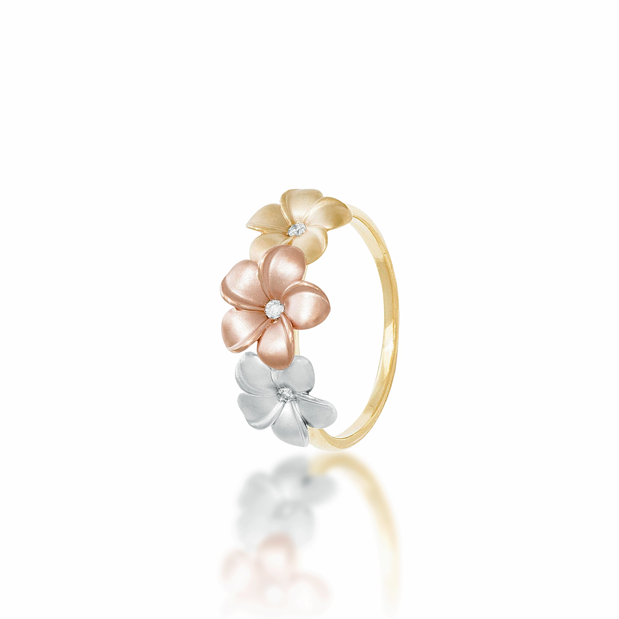 Plumeria Ring in Tri Color Gold with Diamonds - 10mm gentle touch