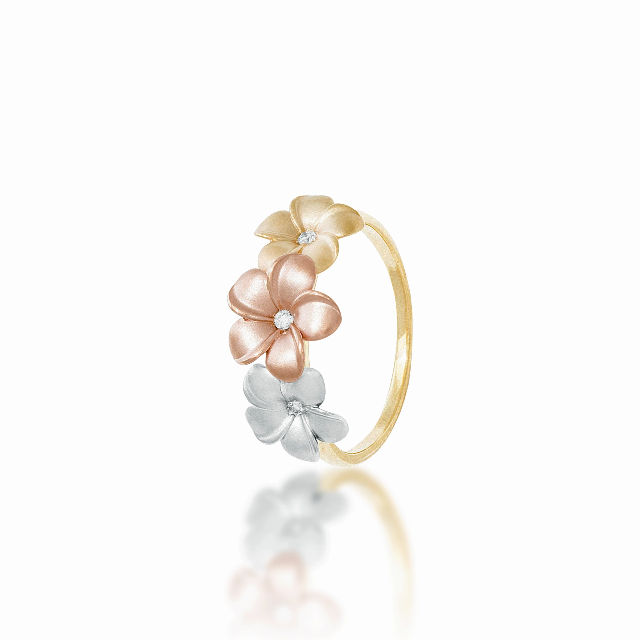 Understated Elegance Shimmer Effect Plumeria Ring in Tri Color Gold with Diamonds - 10mm