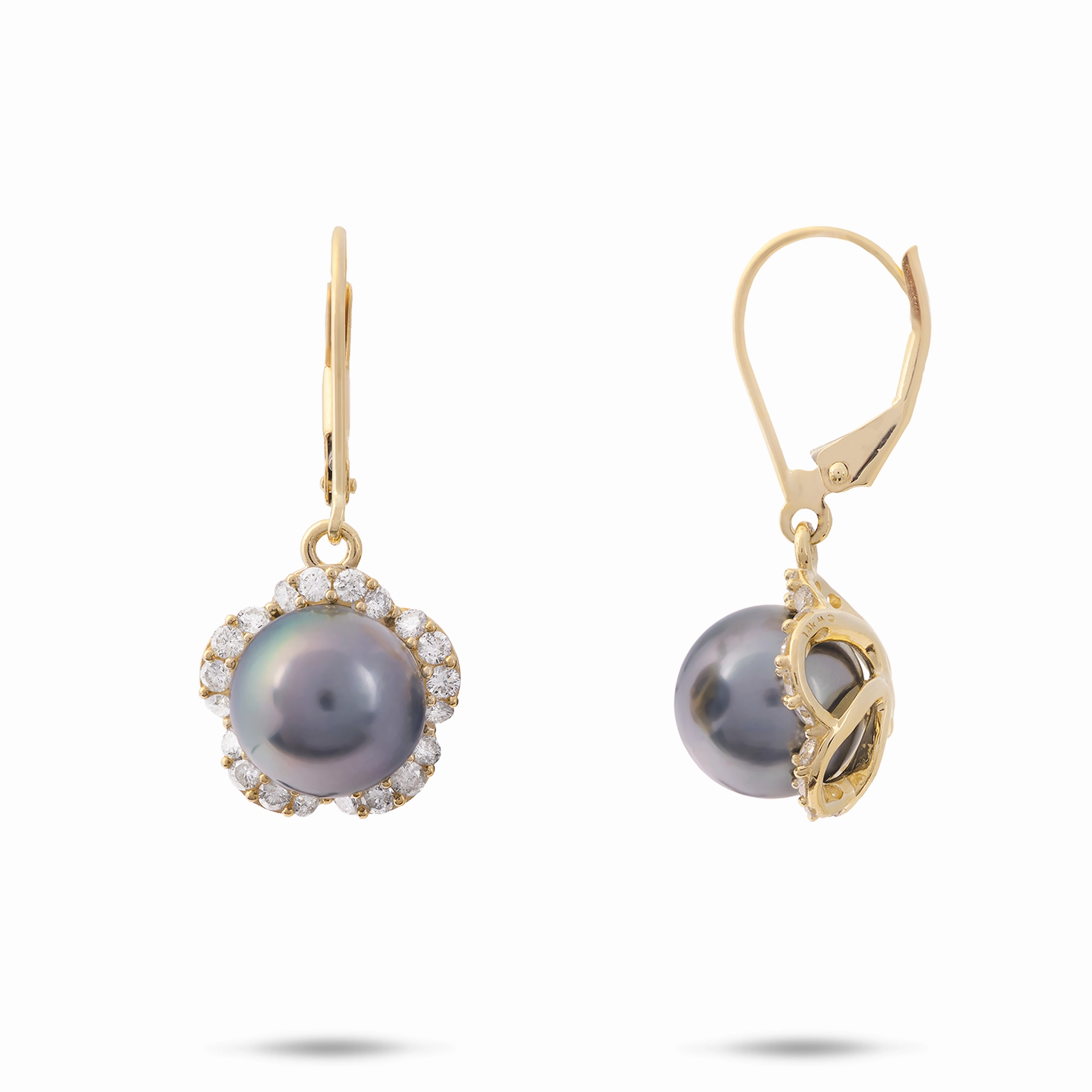 Plumeria Tahitian Black Pearl Earrings in Gold with Diamonds - 9-10mm Exclusive Accent party accessory
