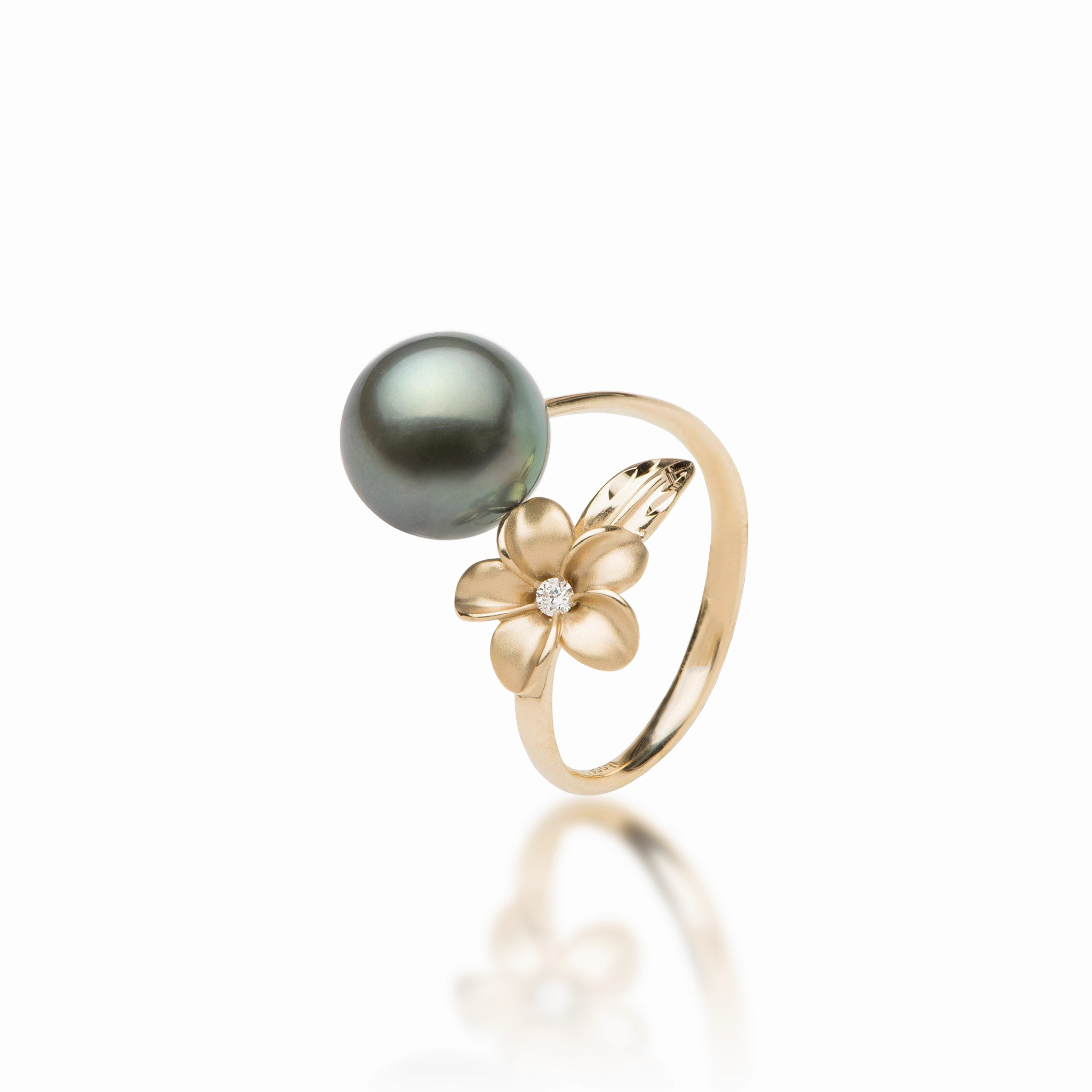 Plumeria Tahitian Black Pearl Ring in Gold with Diamond - 9mm Silhouetted Shine