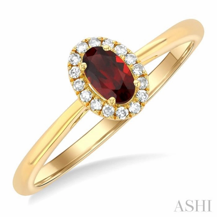 5x3 MM Oval Shape Garnet and 1/20 Ctw Single Cut Diamond Halo Semi-Precious Ring in 14K Yellow Gold Everlasting Beauty