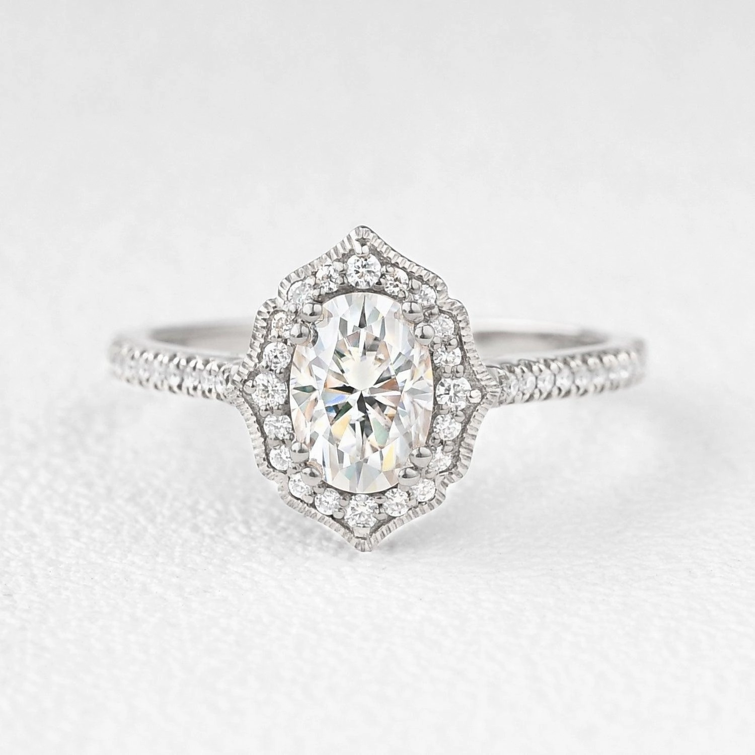 Light Duty Classic Contour Oval Moss Agate White Gold Antique Halo Engagement Ring