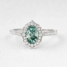 Affordable Product Classic Embellishment Oval Moss Agate White Gold Antique Halo Engagement Ring