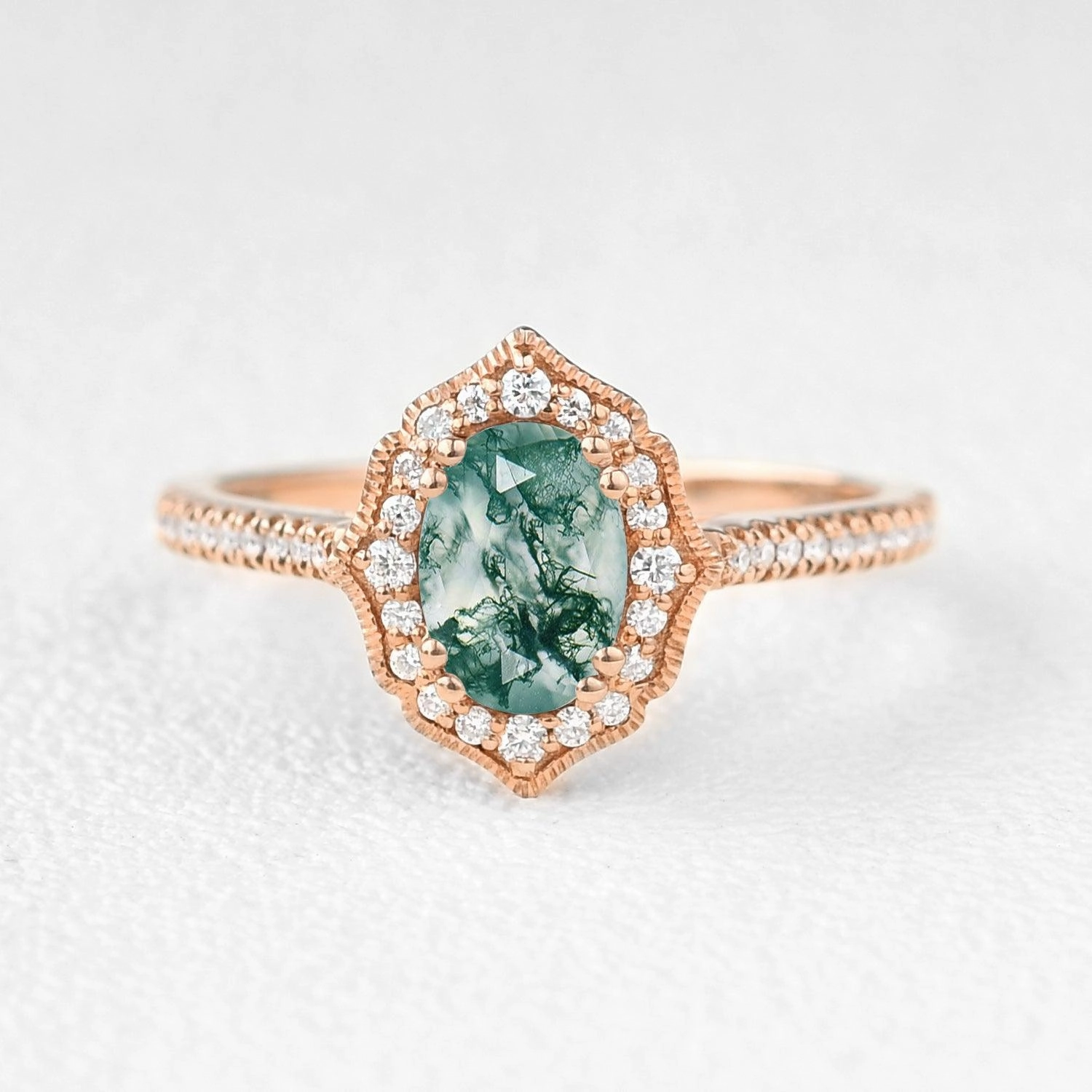 Economical Expression Oval Moss Agate White Gold Antique Halo Engagement Ring