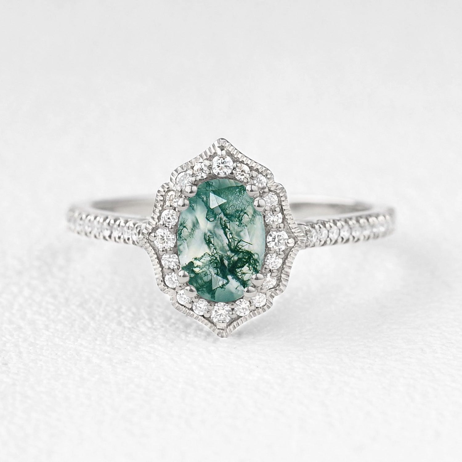 Oval Moss Agate White Gold Antique Halo Engagement Ring Meaningful Item