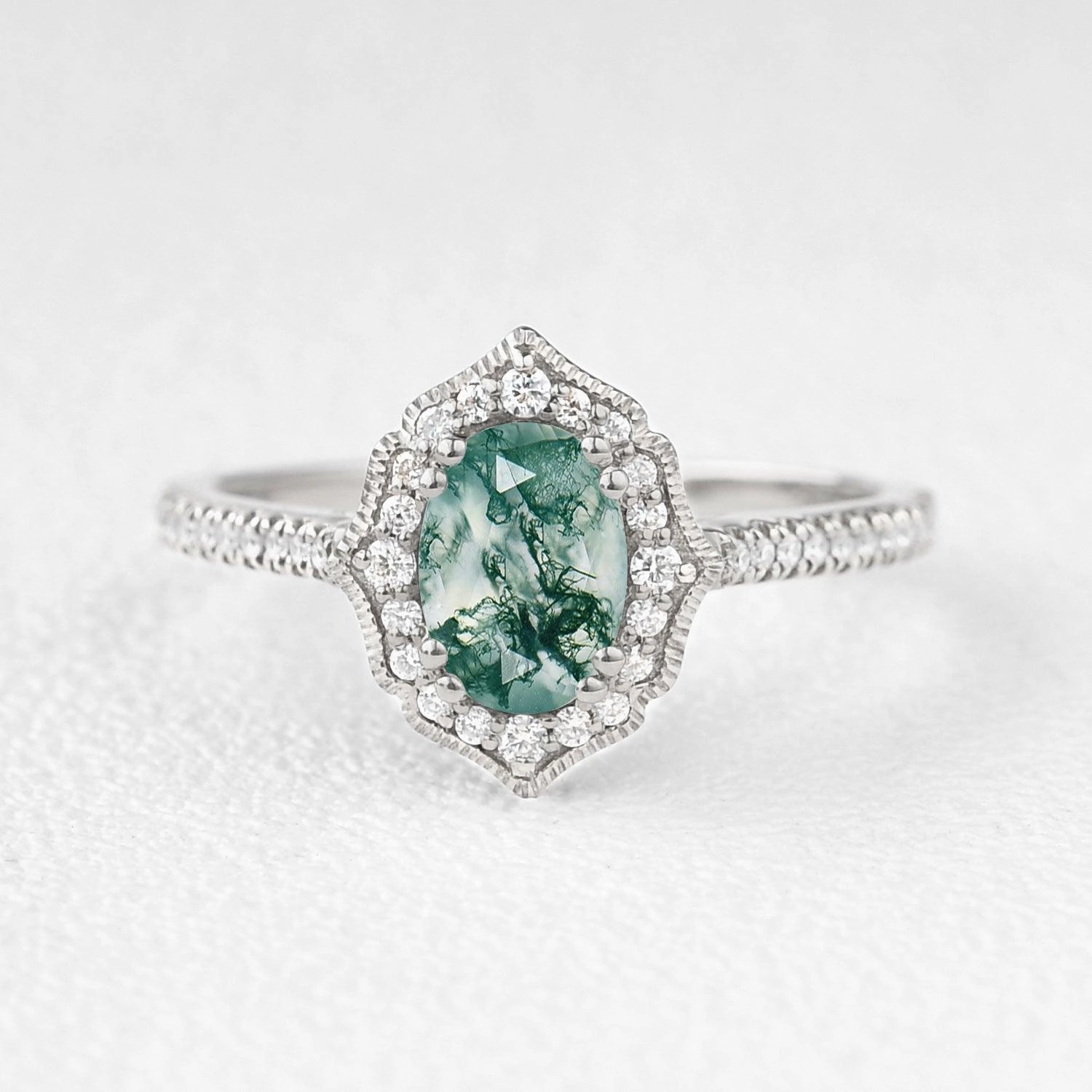 Delicate Art Oval Moss Agate White Gold Antique Halo Engagement Ring