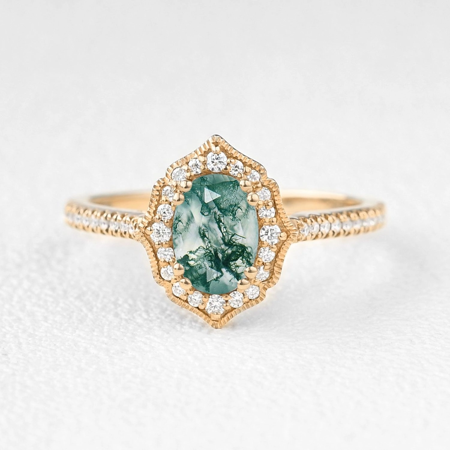 Glam Choice Artistic Token Oval Moss Agate White Gold Antique Halo Engagement Ring