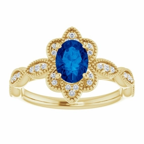 14K Yellow Lab-Grown Blue Sapphire & 1/8 CTW Natural Diamond Ring Budget Product Beautiful Gift