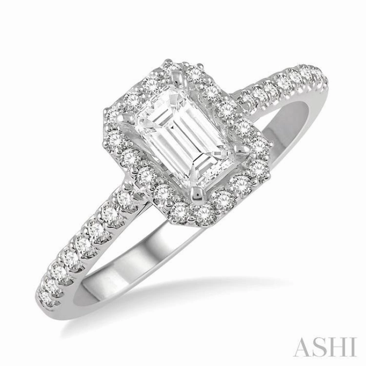 Value Gift Layering Touch 3/8 Ctw Emerald Cut Diamond Ladies Engagement Ring with 1/4 Ct Emerald Cut Center Stone in 14K White Gold
