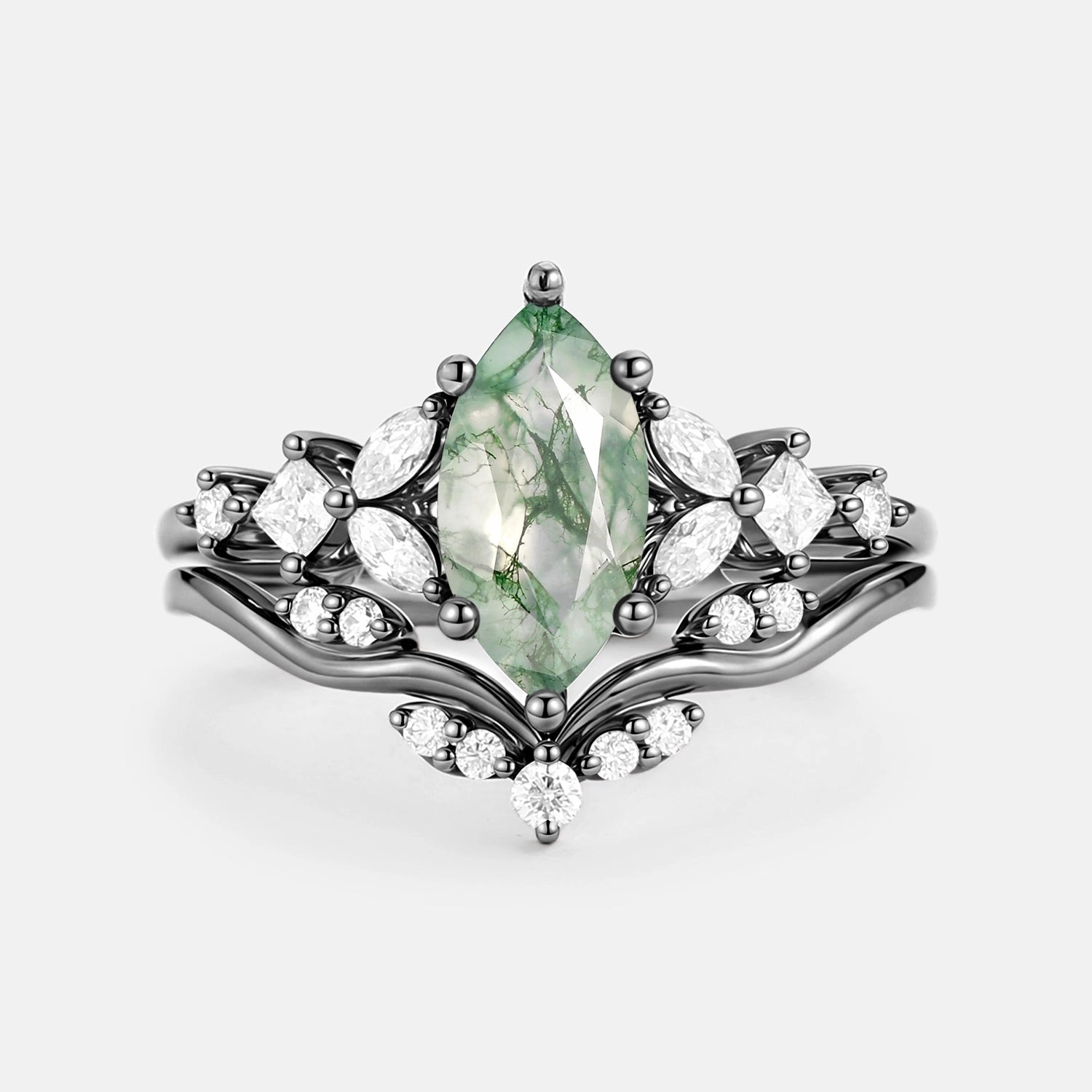 Elegant Creation Marquise Cut Moss Agate Leafy Engagement Ring Sets 2pcs - Verger