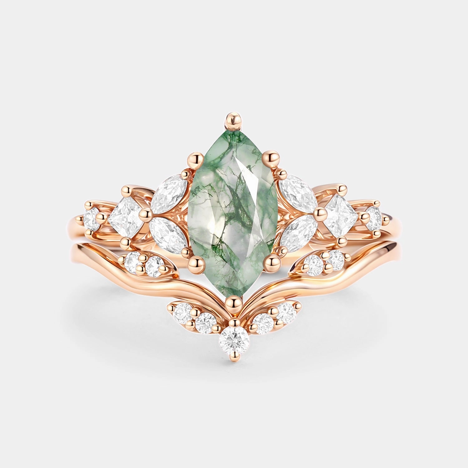 Marquise Cut Moss Agate Leafy Engagement Ring Sets 2pcs - Verger Classic Bauble Holiday Party