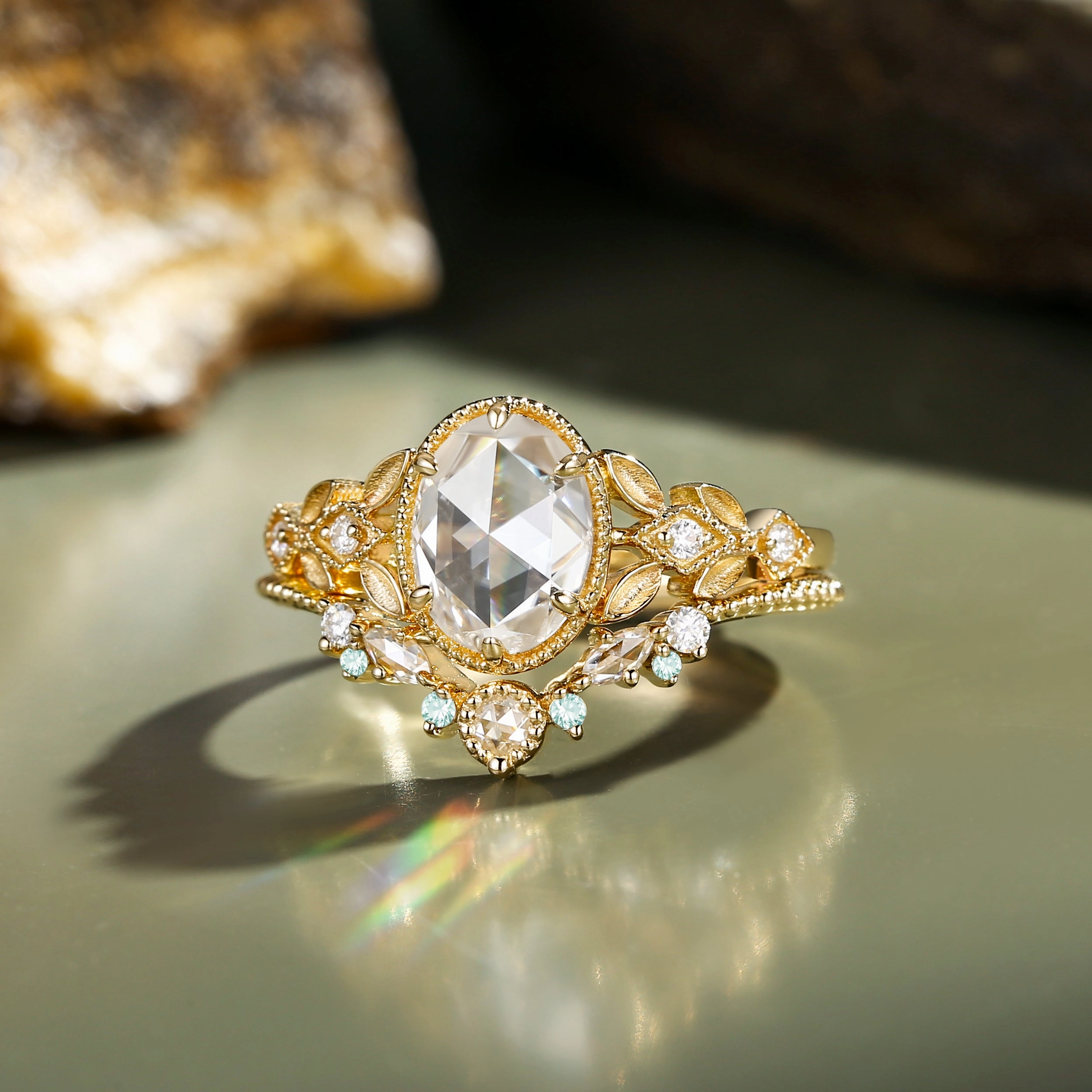 Balanced Simplicity Vintage Rose Cut Oval Moissanite Leafy Gold Ring Set 2pcs - Selene