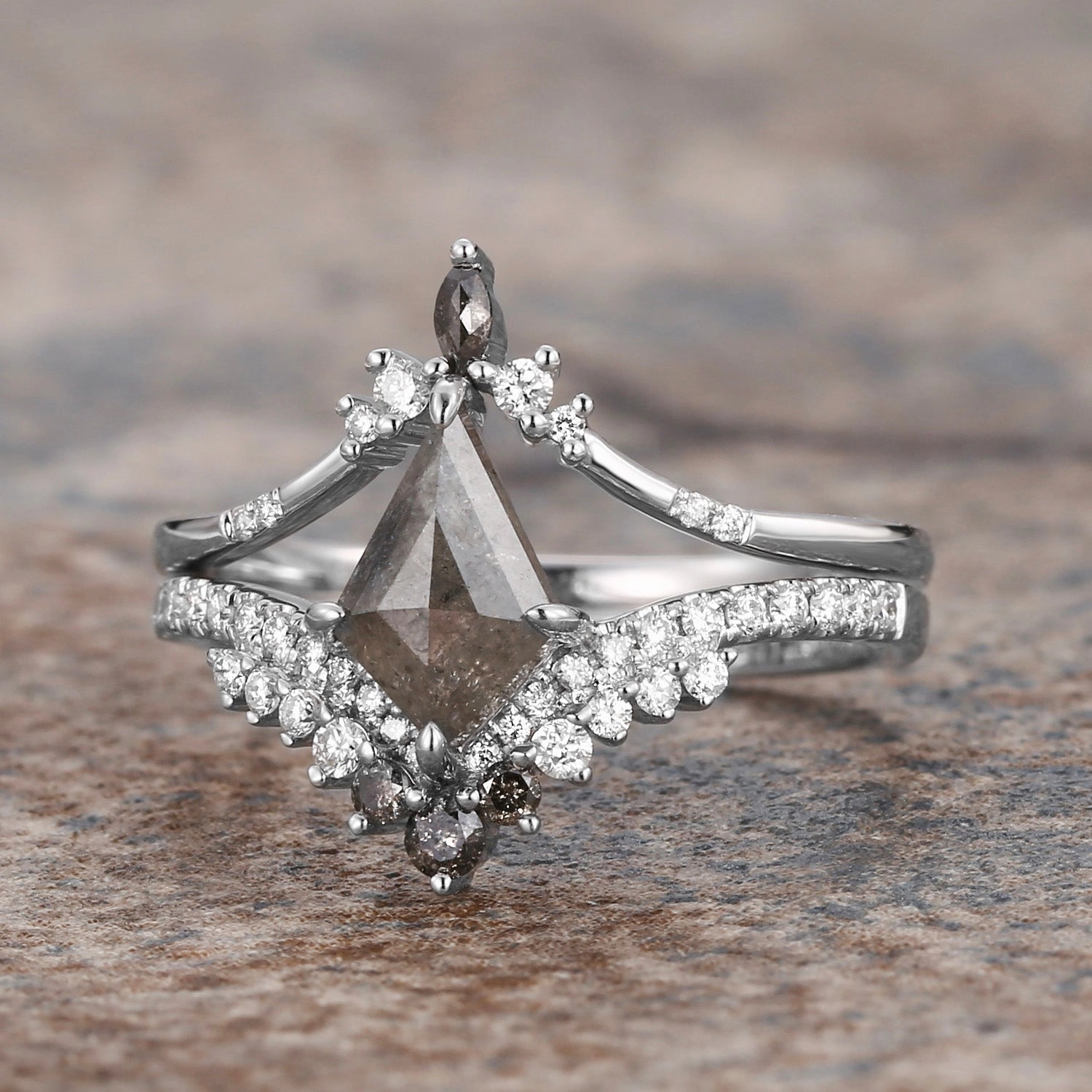 Kite Salt & Pepper Diamonds Engagement Ring Set 2pcs Dreamy Look Modern Fashion