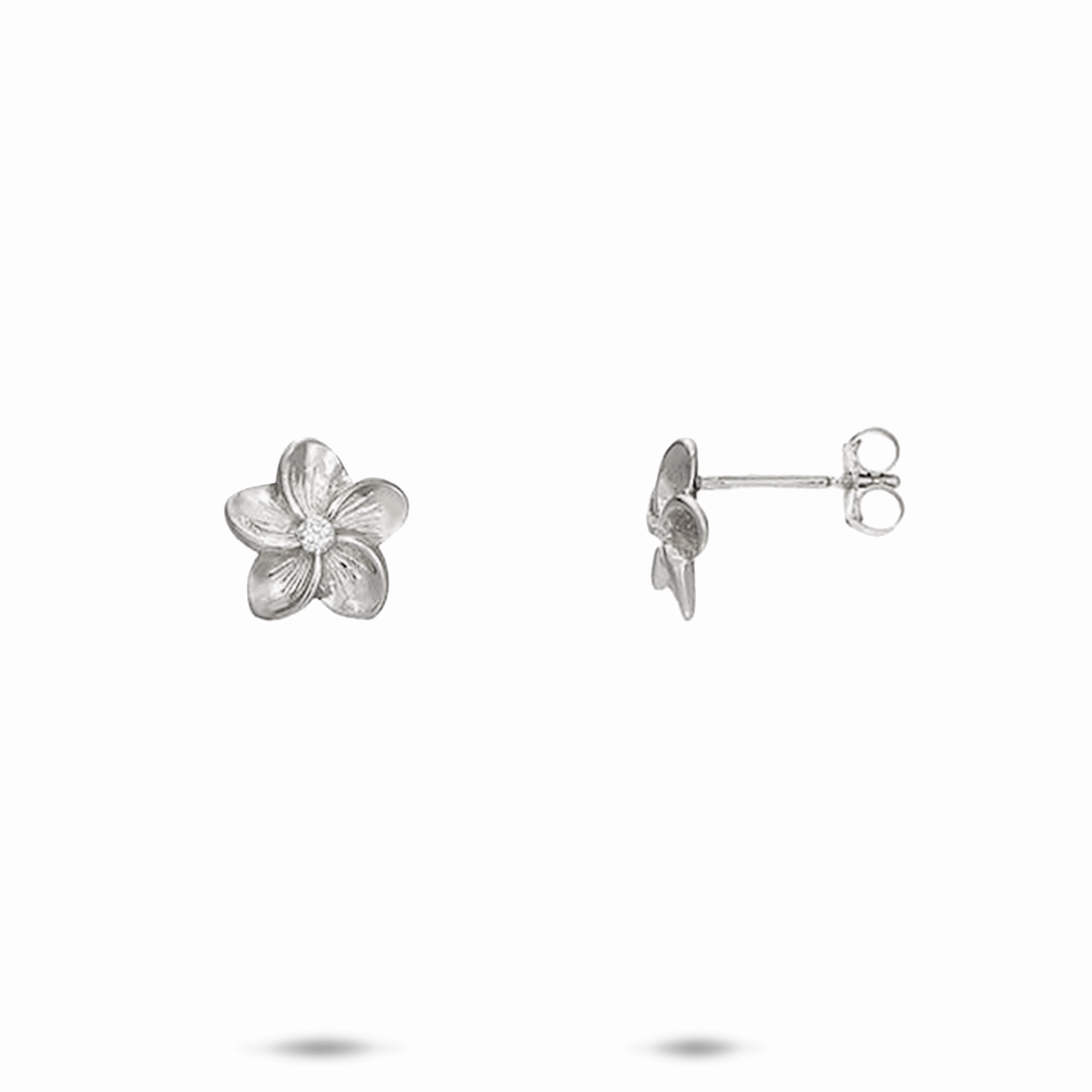 Hawaiian Heirloom Plumeria Earrings in White Gold with Diamonds - 9mm Stylish Accent