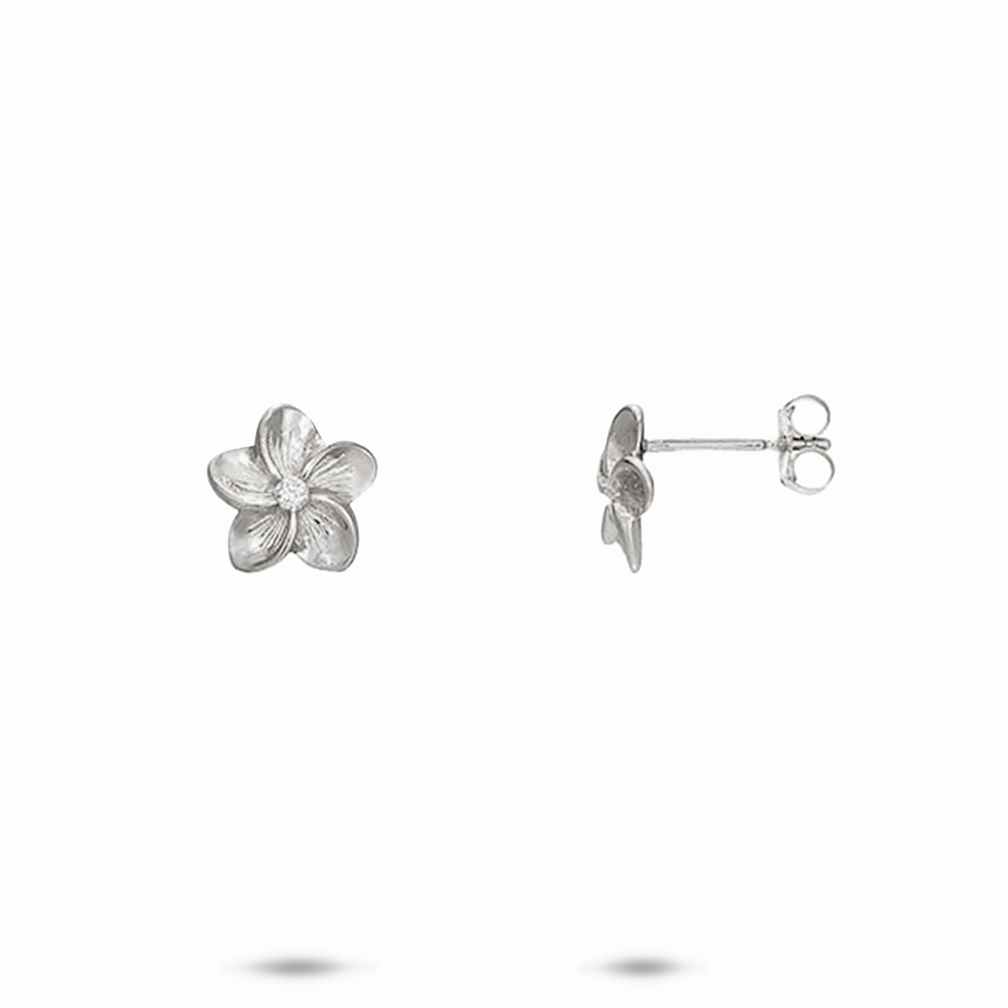 Elite Finish Simple Layer Hawaiian Heirloom Plumeria Earrings in White Gold with Diamonds - 9mm