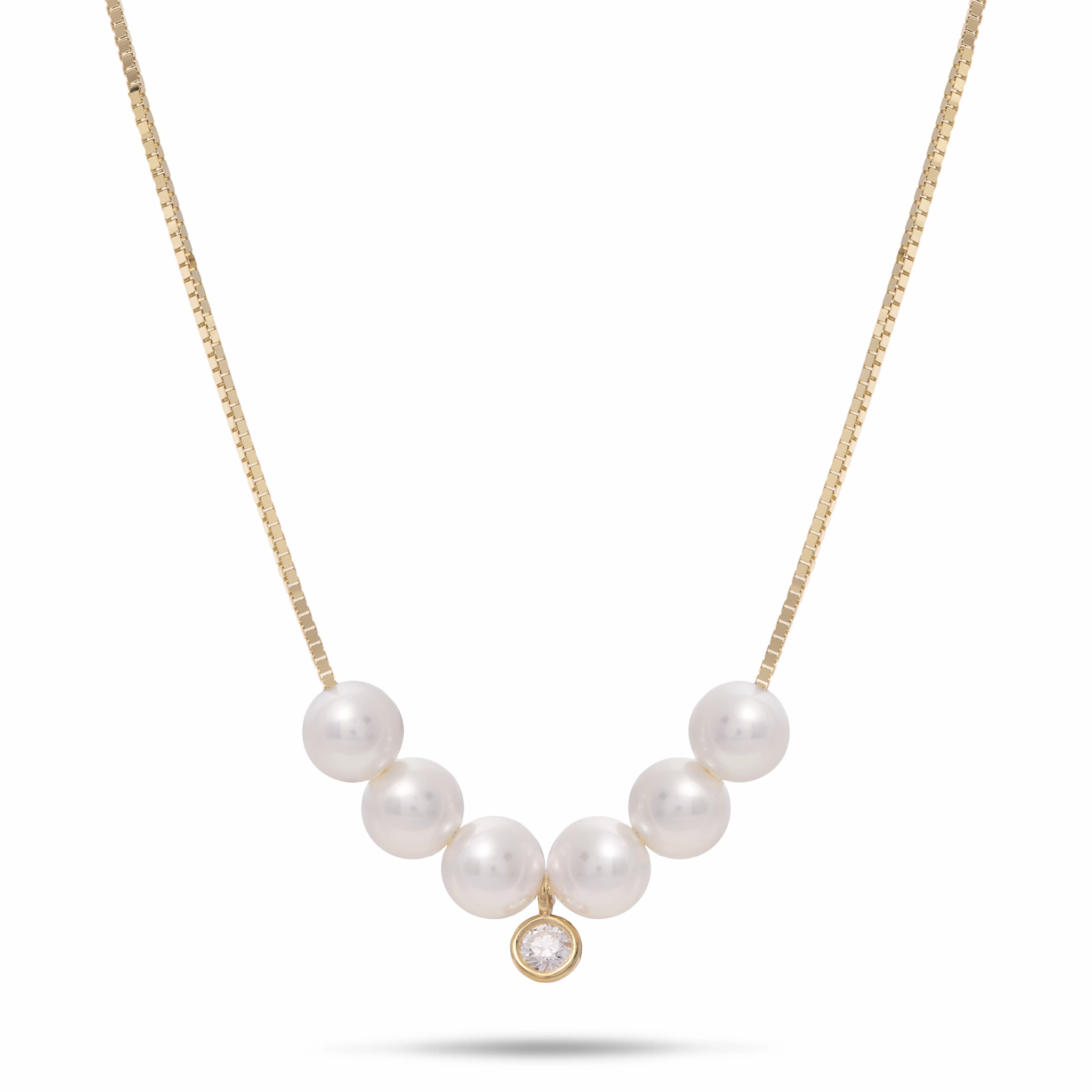 Gift Idea 16-18" Adjustable Akoya White Pearl Necklace in Gold with Diamond - 4.5-5mm