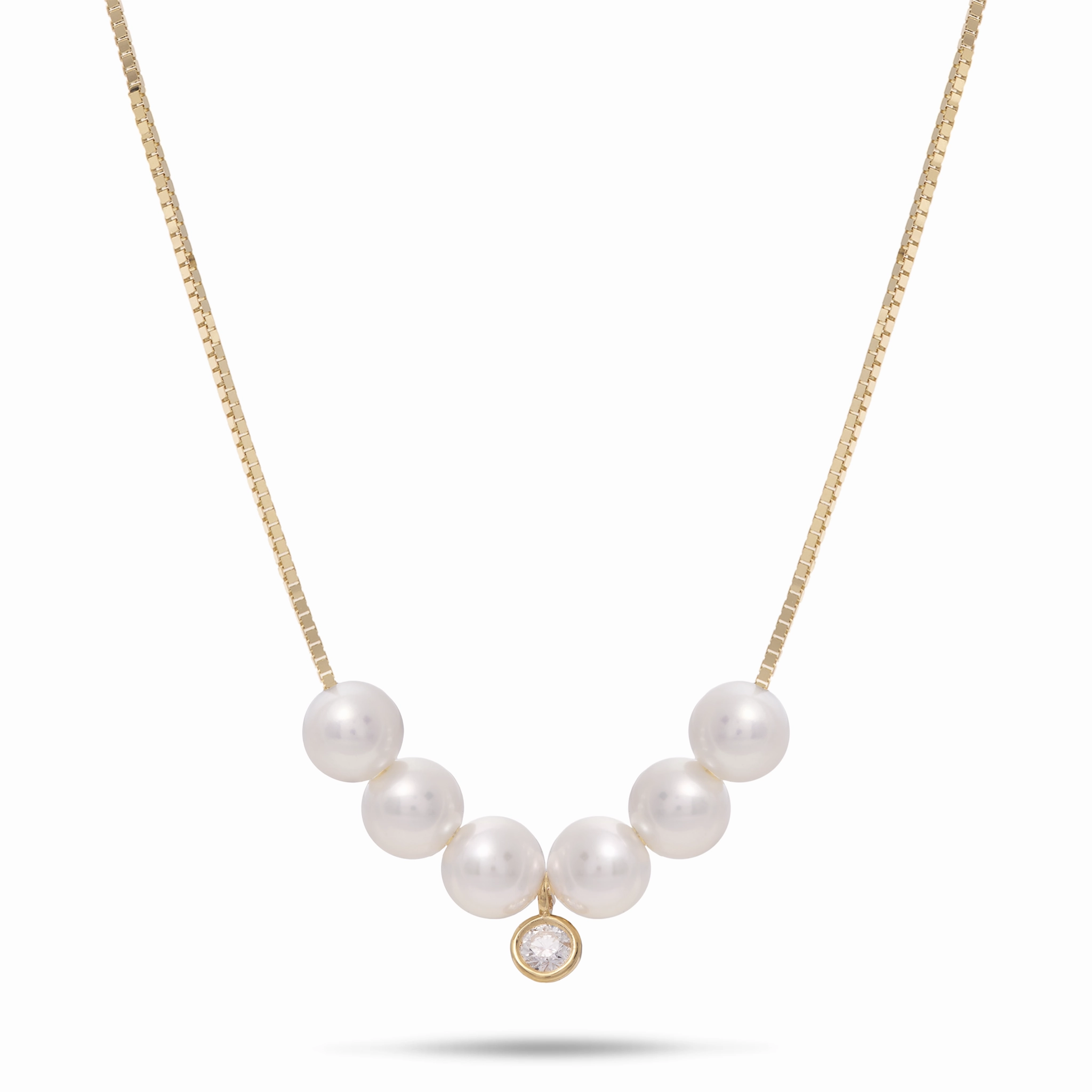16-18" Adjustable Akoya White Pearl Necklace in Gold with Diamond - 4.5-5mm Refined Spark