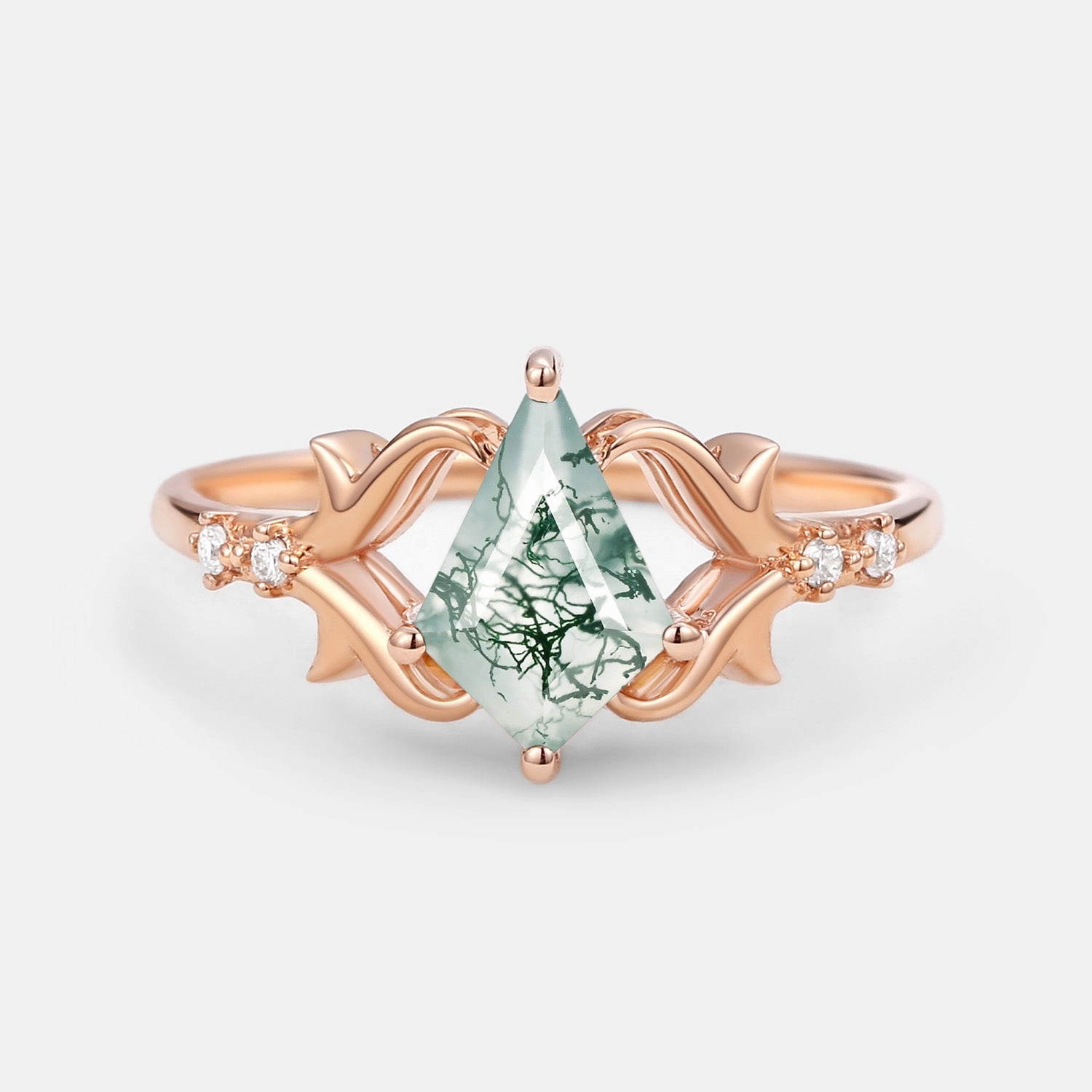 Elegant Kite Cut Moss Agate Engagement Ring - Tendril Understated Glimmer Durable Object
