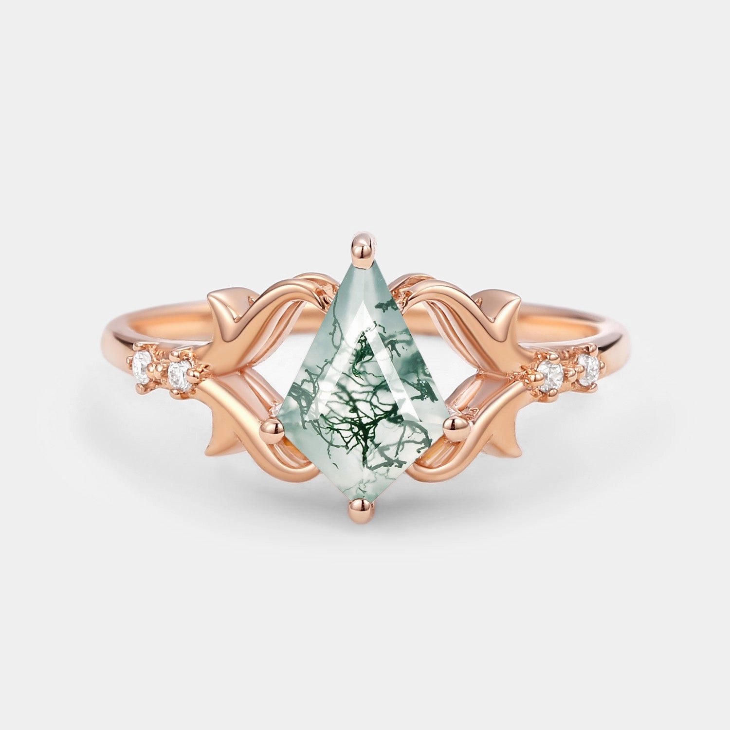 Dainty Edge Elegant Kite Cut Moss Agate Engagement Ring - Tendril