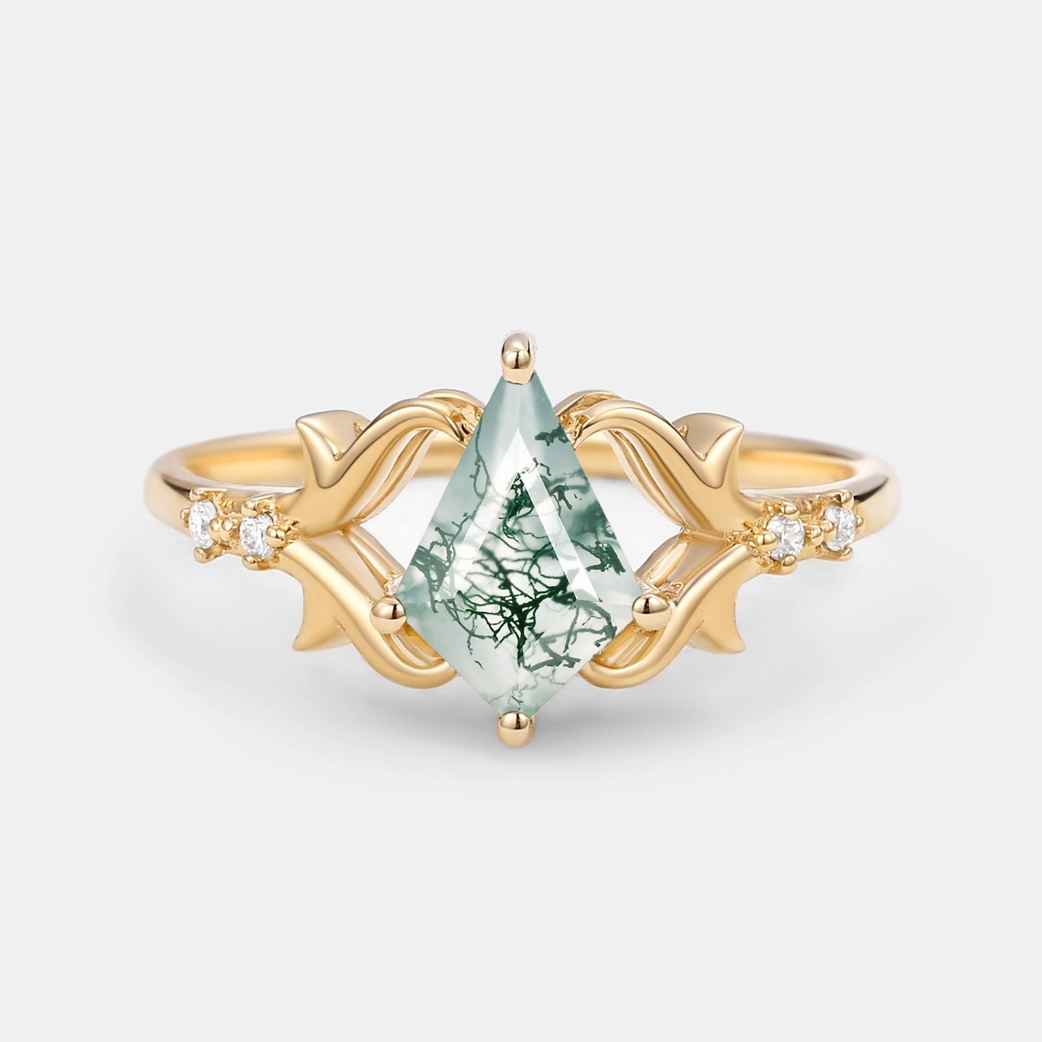 Elegant Kite Cut Moss Agate Engagement Ring - Tendril Delicate Charm Effortless Charm
