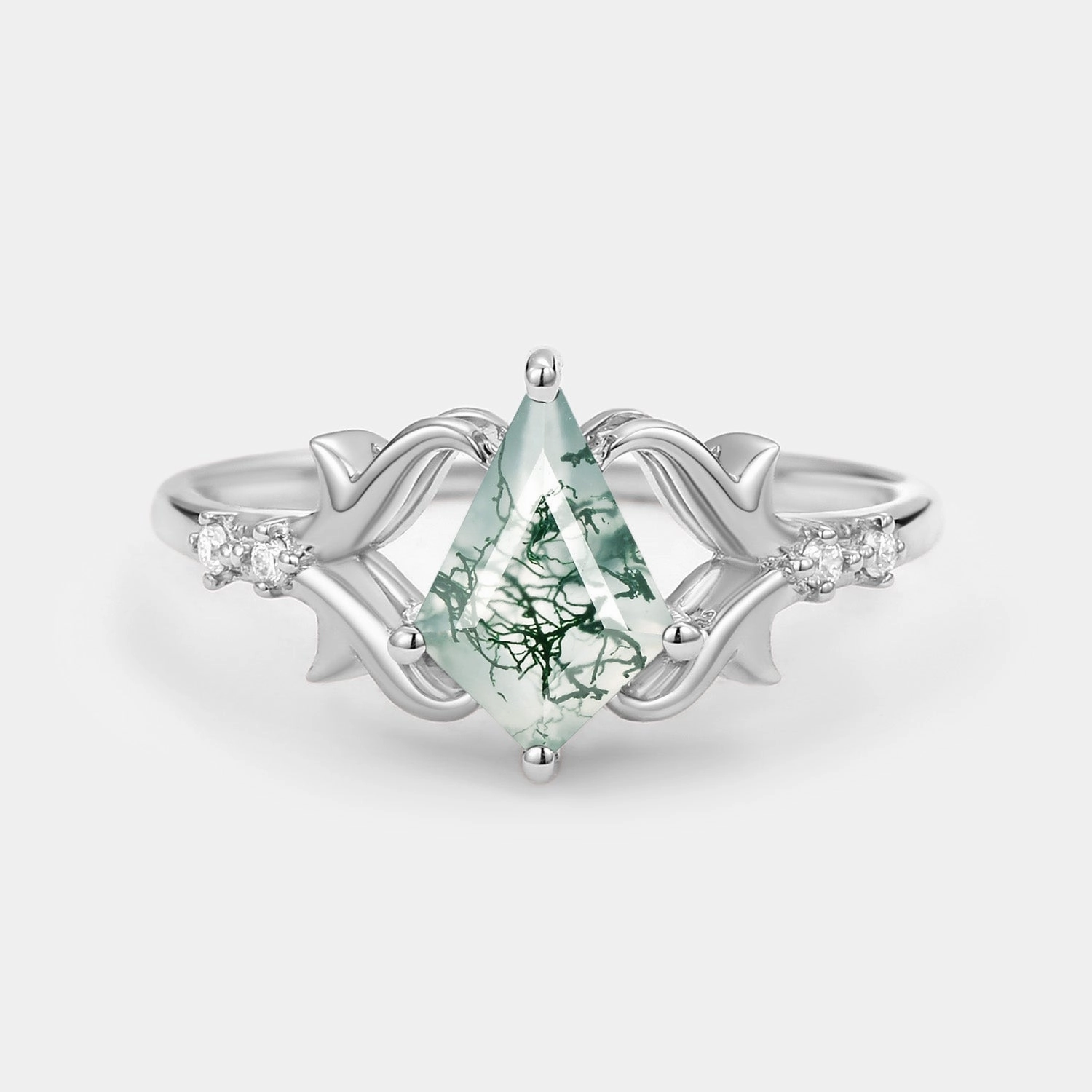 Elegant Kite Cut Moss Agate Engagement Ring - Tendril Fashion Focus Office Vibe