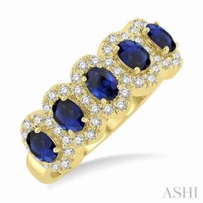 4x3 MM Oval Cut Sapphire and 1/3 Ctw Round Cut Diamond Precious Wedding Band in 14K Yellow Gold Sparkling Jewelry