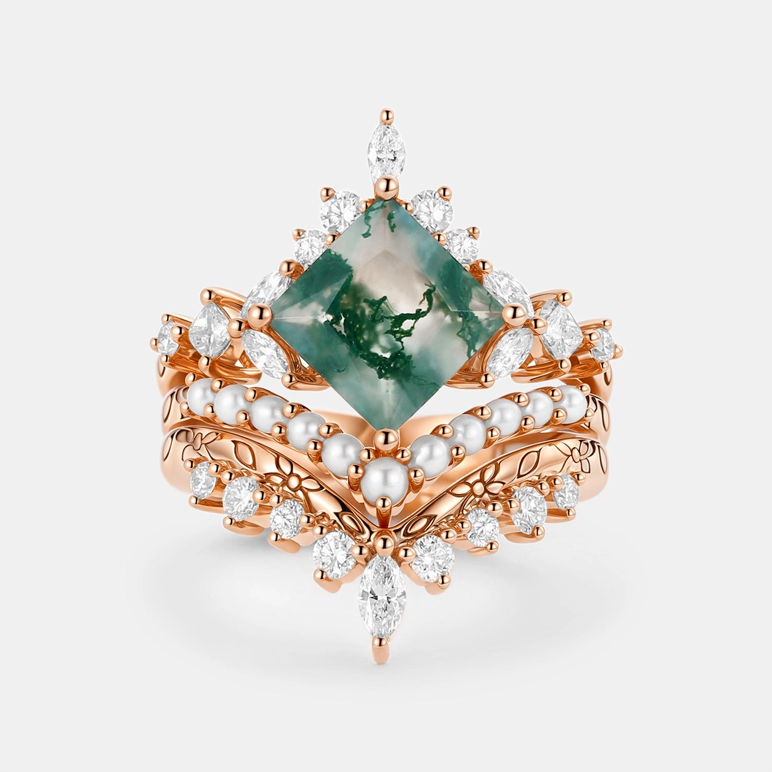 Luxury Flow Shimmering Craft Moss Agate Engraved Princess Cut Cluster Engagement Ring Set 3pcs - Penny