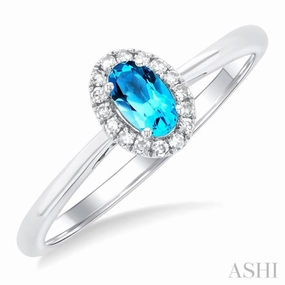 Physical Product 5x3 MM Oval Shape Blue Topaz and 1/20 Ctw Single Cut Diamond Halo Semi-Precious Ring in 10K White Gold