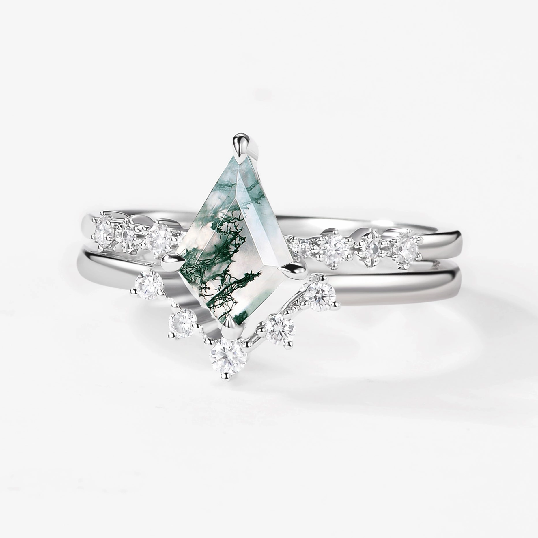 1.5ct Vintage Moss Agate Engagement Ring Set 2pcs Expressive Highlight