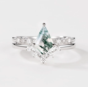 Luxe Design 1.5ct Vintage Moss Agate Engagement Ring Set 2pcs