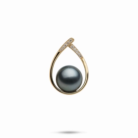 Date Style Teardrop Tahitian Black Pearl Pendant in Gold with Diamonds - 10-11mm
