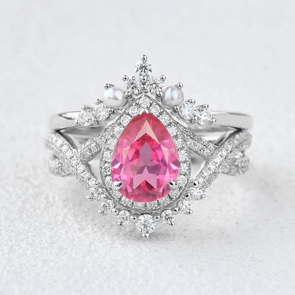 1.5ct Pear Rose Quartz Vintage Halo Infinity Ring Set 2pcs - Katherine Wedding Favor Modern Touch