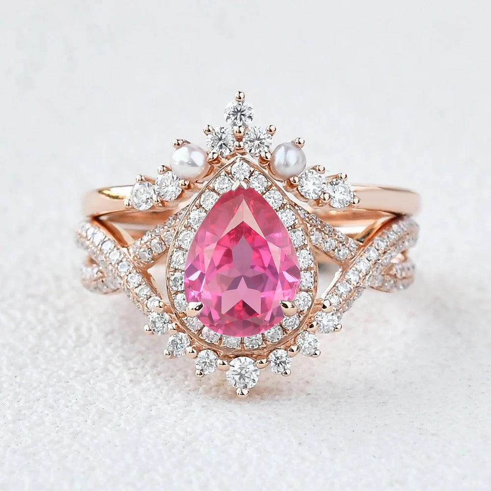 1.5ct Pear Rose Quartz Vintage Halo Infinity Ring Set 2pcs - Katherine Fresh Accent Polished Choice