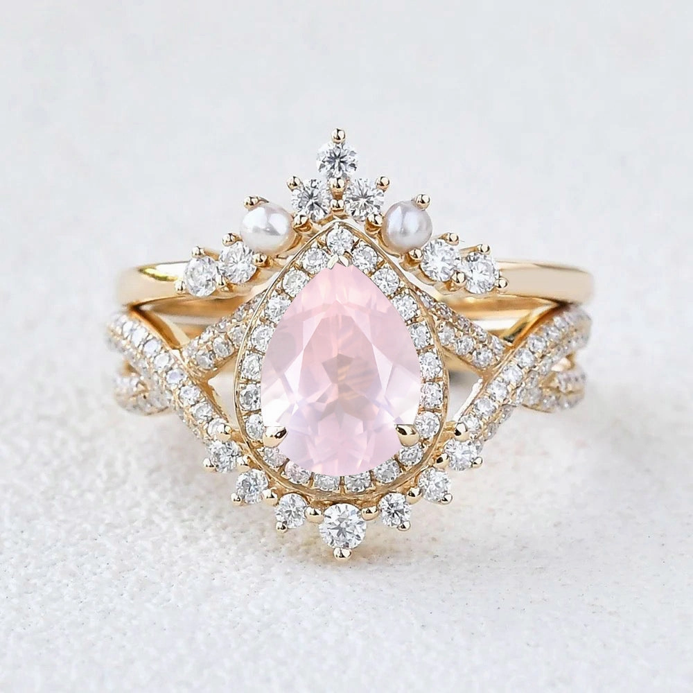 Shiny Product 1.5ct Pear Rose Quartz Vintage Halo Infinity Ring Set 2pcs - Katherine