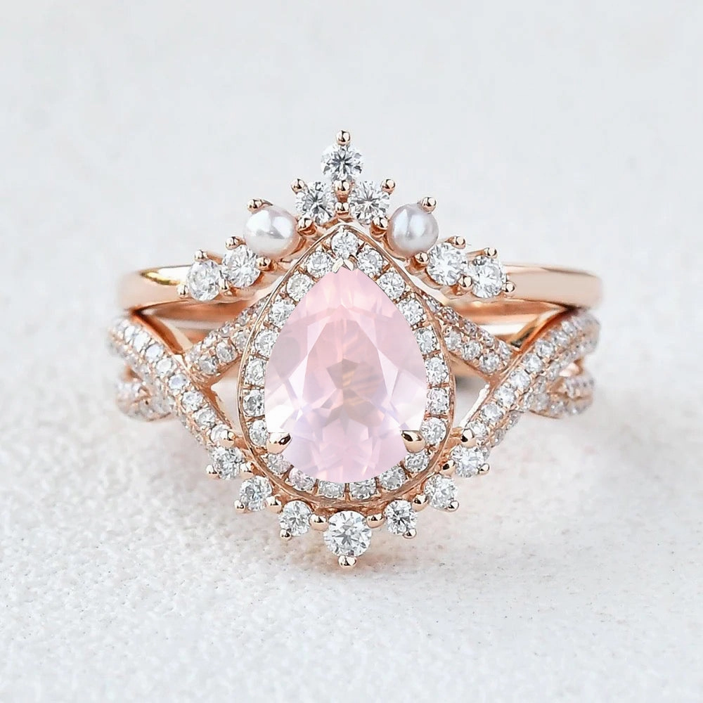 Out Of Box Wonderful Design 1.5ct Pear Rose Quartz Vintage Halo Infinity Ring Set 2pcs - Katherine