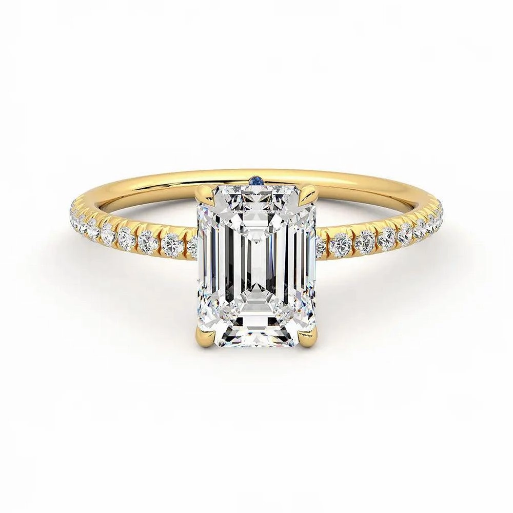 Contemporary Style Four Prong Emerald Cut Moissanite Engagement Ring with Hidden Anniversary Stone Accent