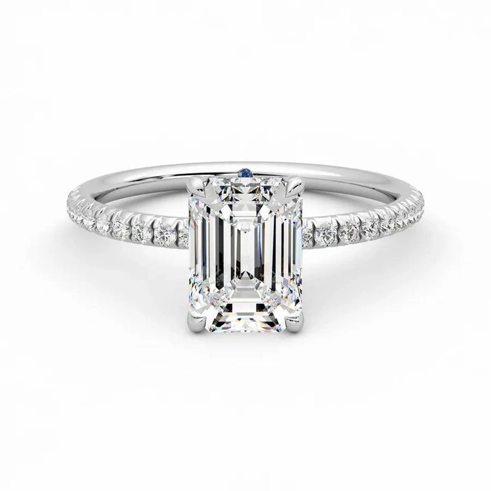 Four Prong Emerald Cut Moissanite Engagement Ring with Hidden Anniversary Stone Accent Romantic Event