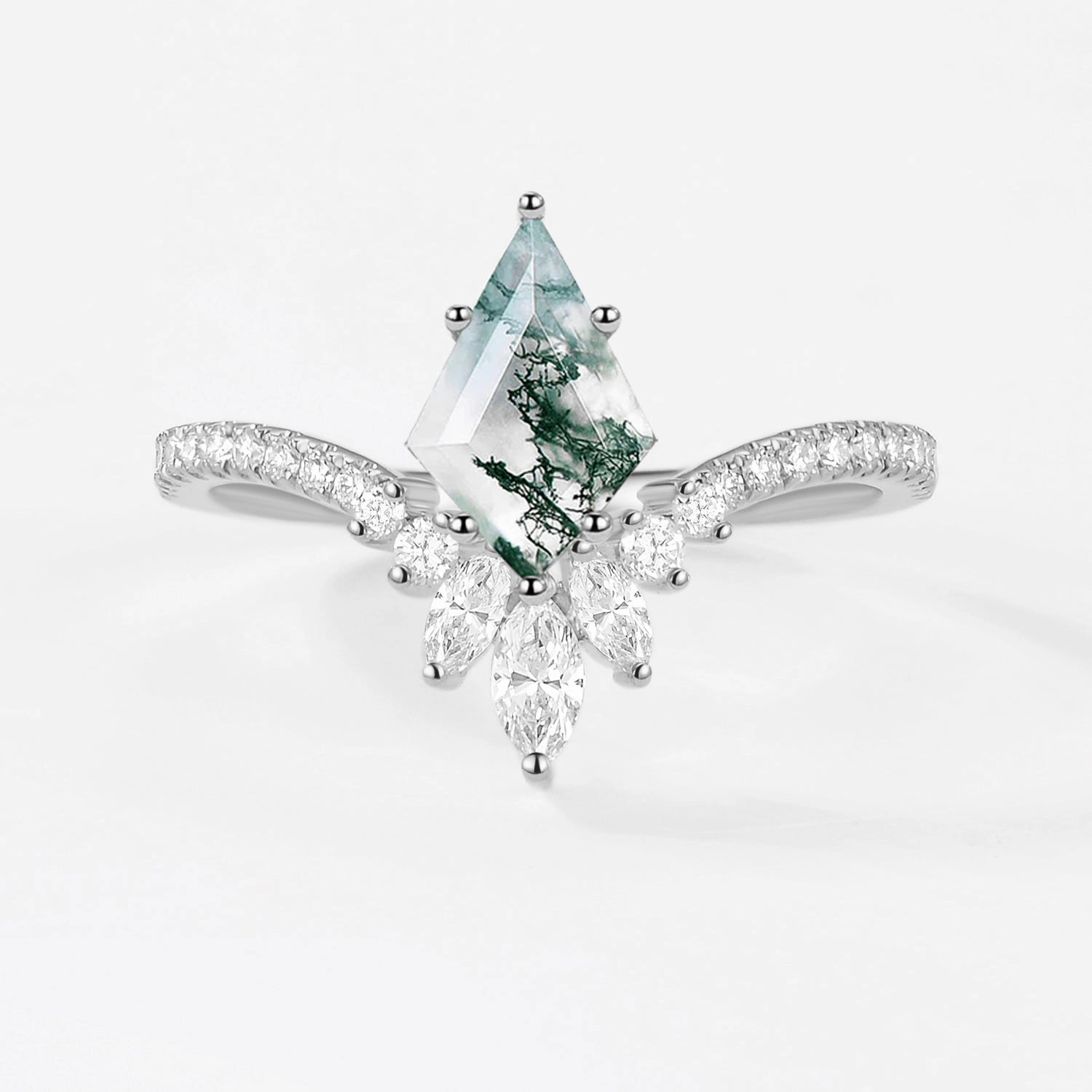 Petite Touch Handcrafted Finish Kite Cut Moss Agate Chevron Engagement Ring - Sylph