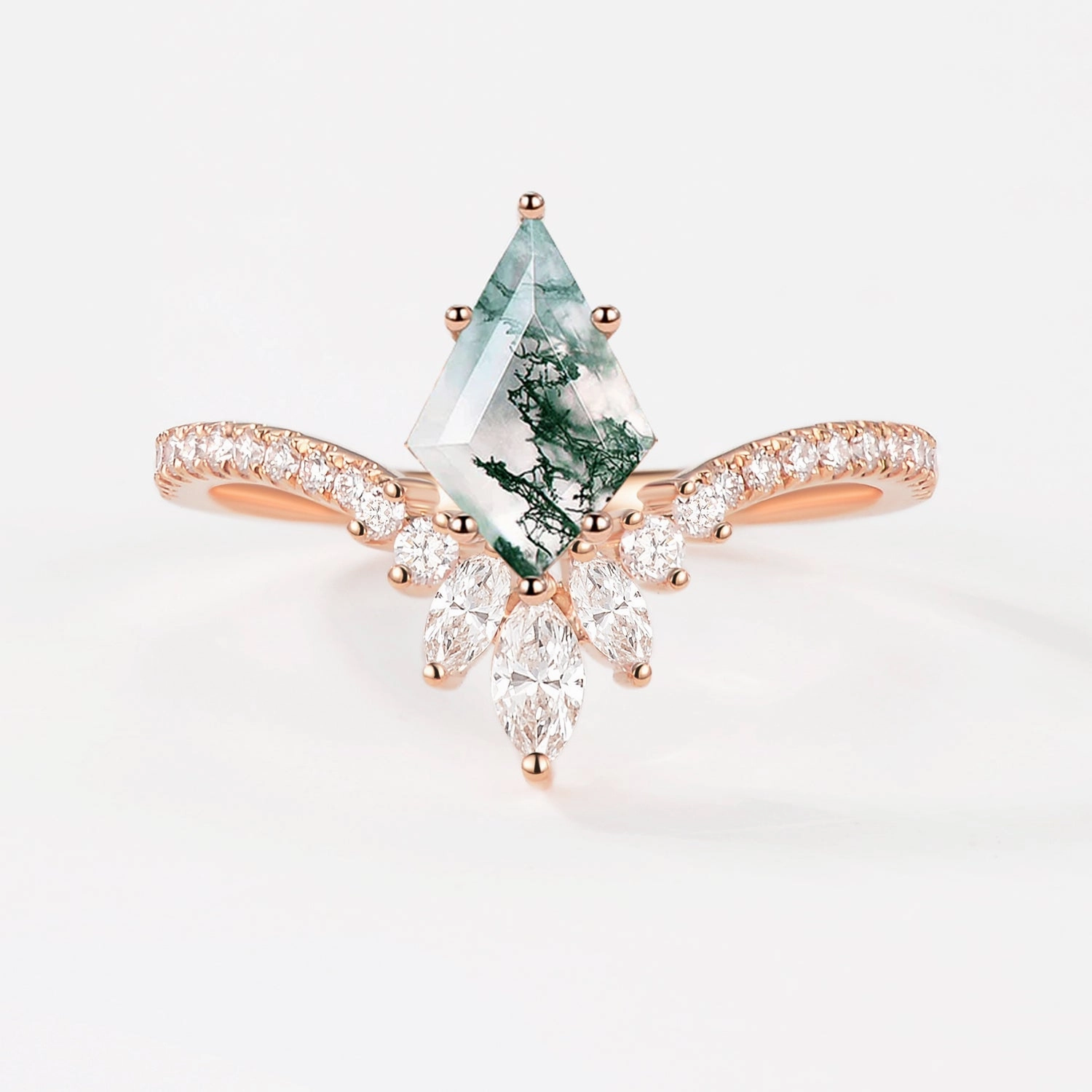 Kite Cut Moss Agate Chevron Engagement Ring - Sylph Cool Tone