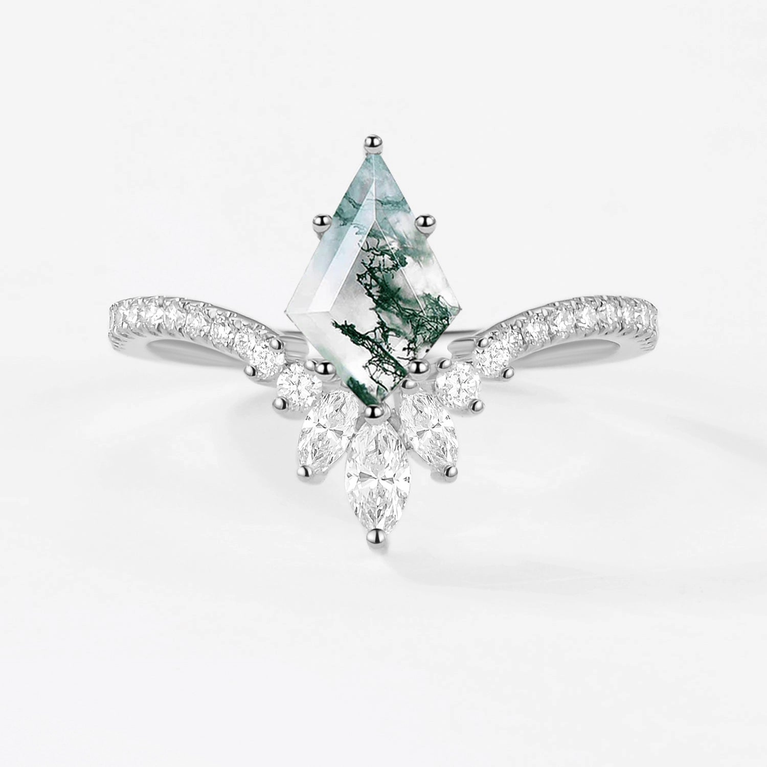 Rich Texture Kite Cut Moss Agate Chevron Engagement Ring - Sylph