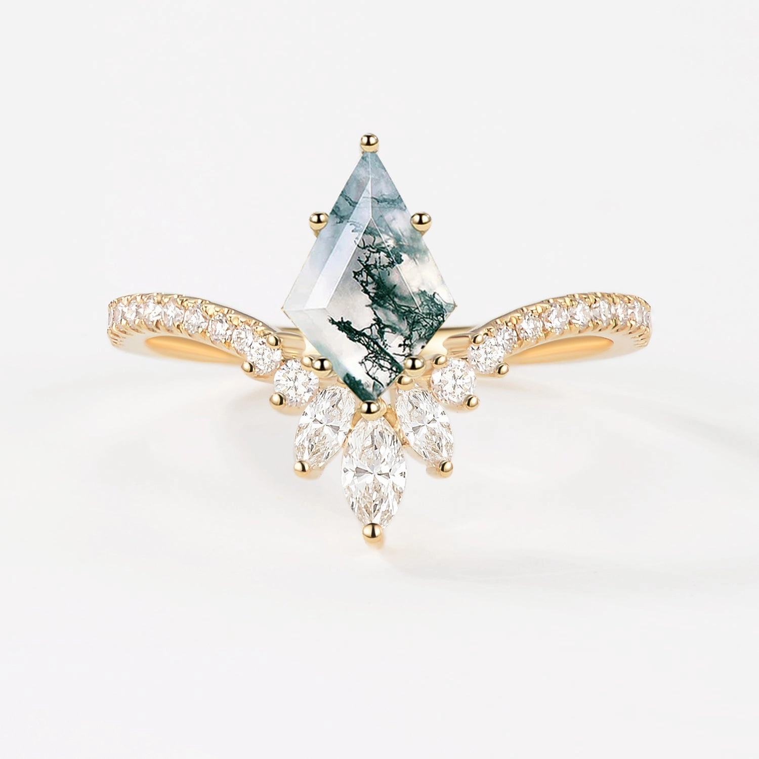 Kite Cut Moss Agate Chevron Engagement Ring - Sylph Morning Light